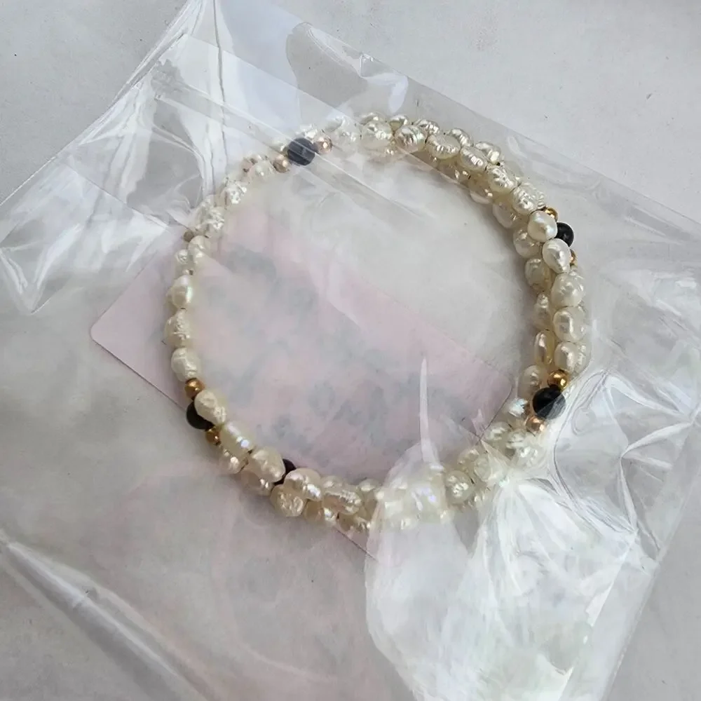 Wrap around bracelet genuine‎ rice pearls white  Onyx gold beaded boho artisan